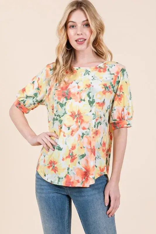BOMBOM Floral Round Neck Puff Sleeve Top for Women - Love Salve